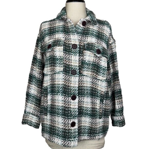 Zara Tweed Plaid Shirt Jacket Shacket Womens Sz M‎ Green Cream Oversized Outdoor - Picture 1 of 10